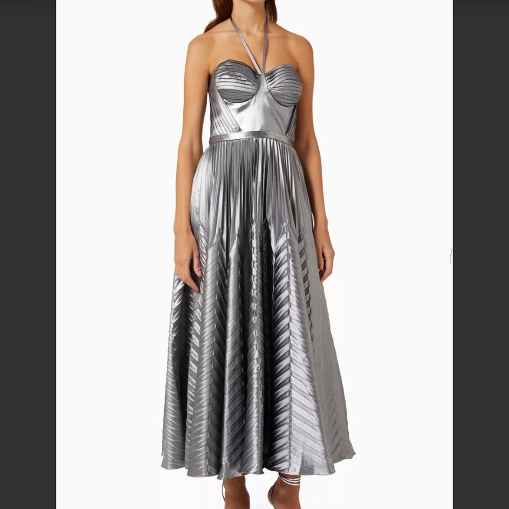Marchesa Notte silver pleated halter neck midi dress/sz6